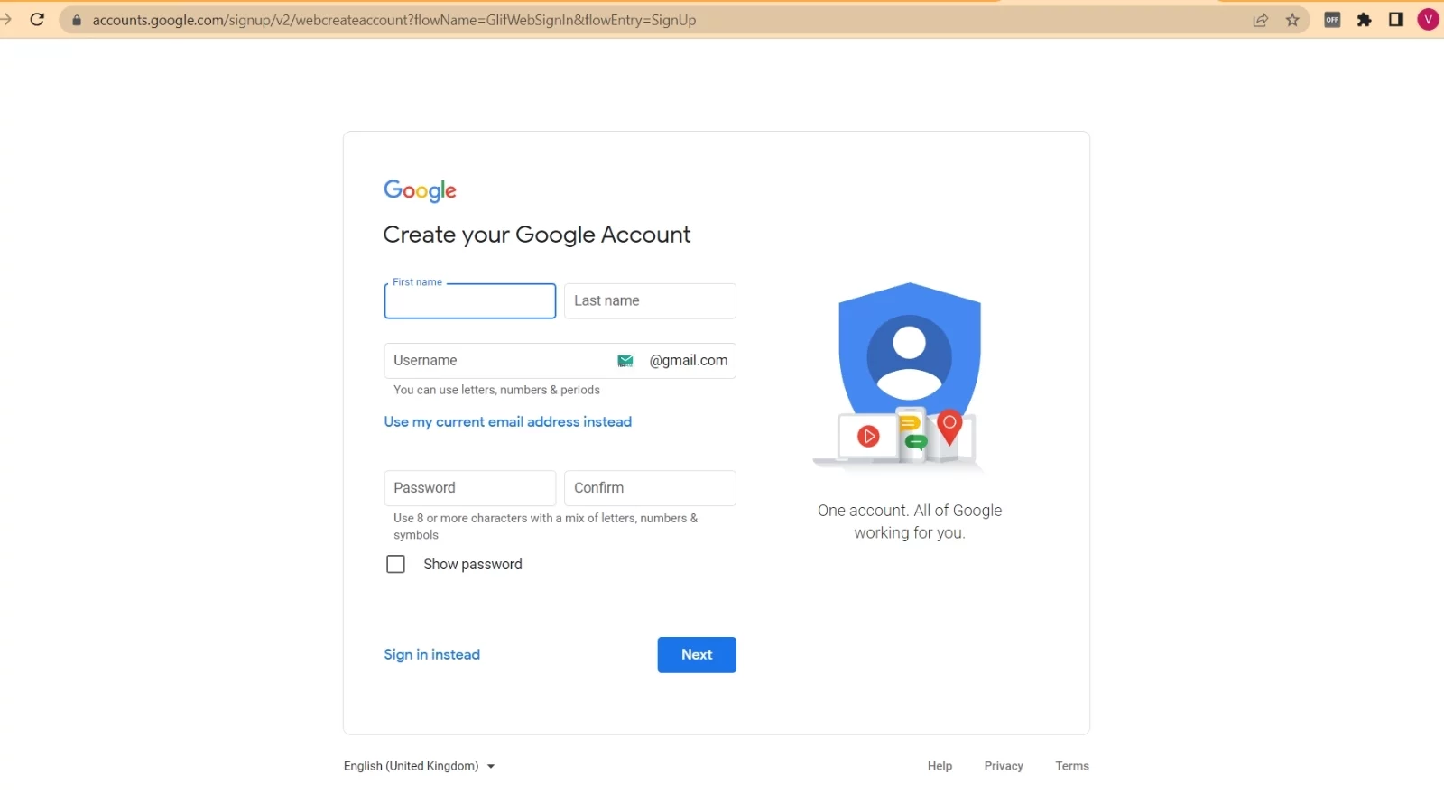 The page where you can create your Google account. 