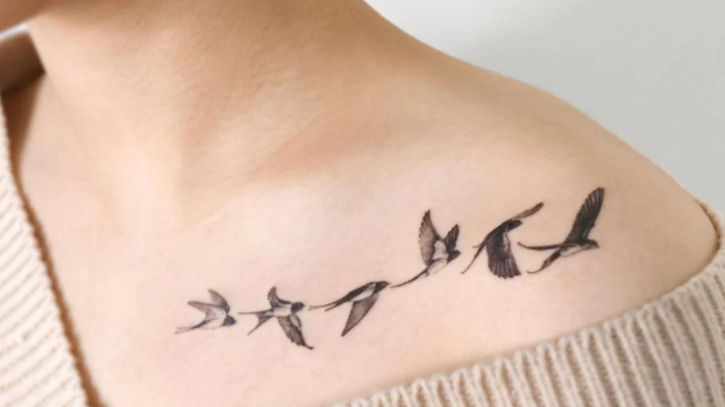A pair of birds from collar bone to shoulder