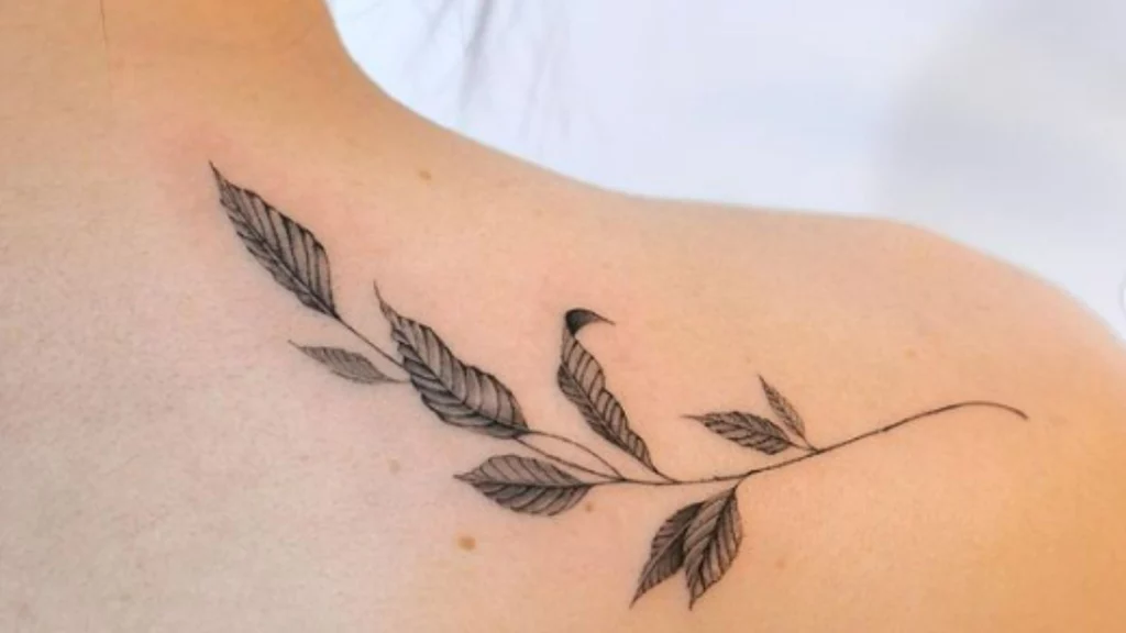 Leaf tattoo on back shoulder