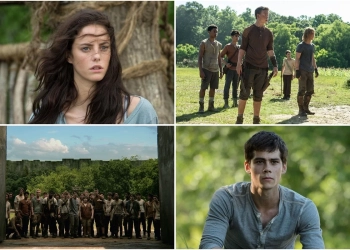 Multiple stills from the movie the Maze Runner.