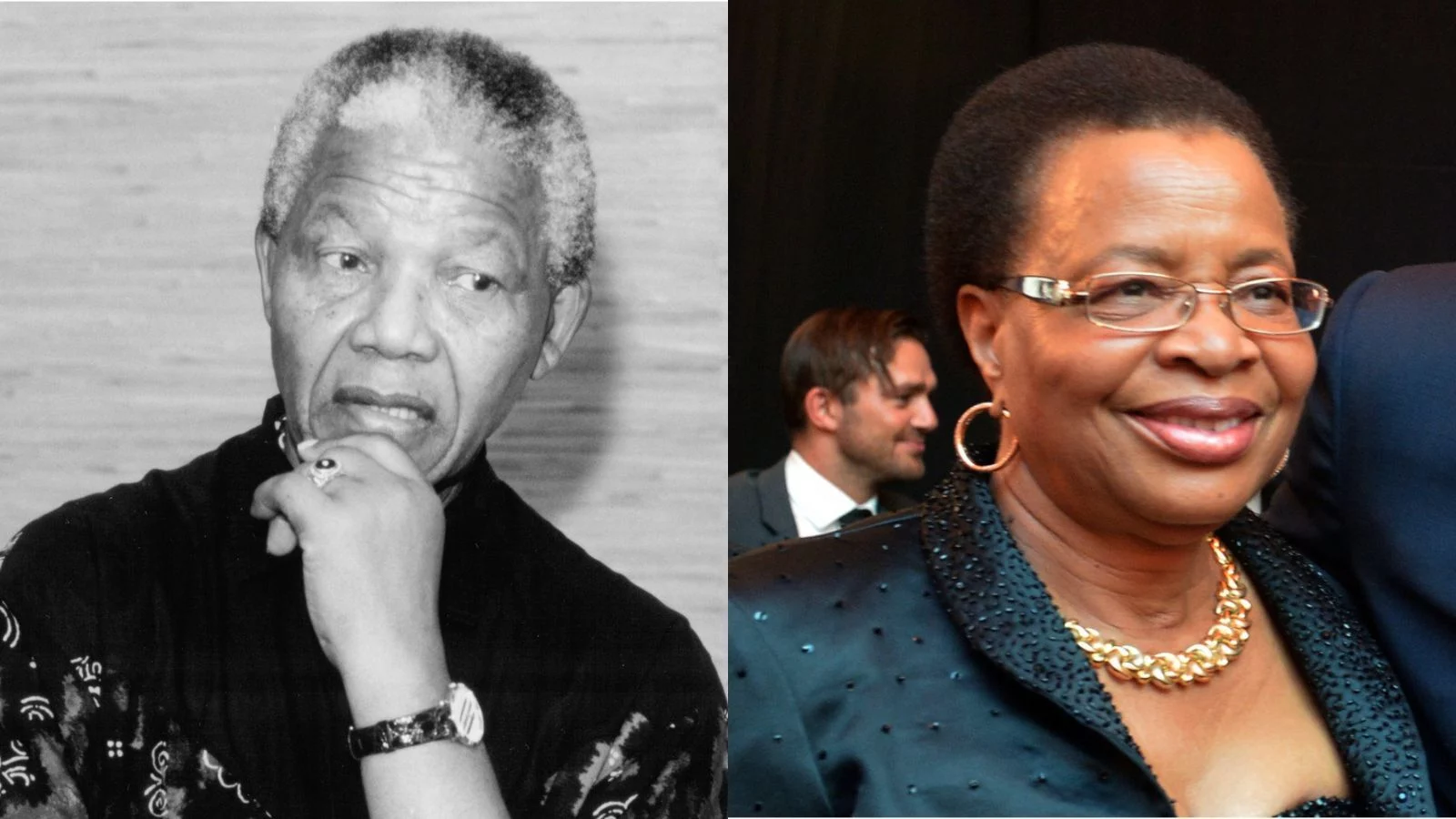 A black and white image of Nelson Mandela together with a coloured image of Graca Machel. 