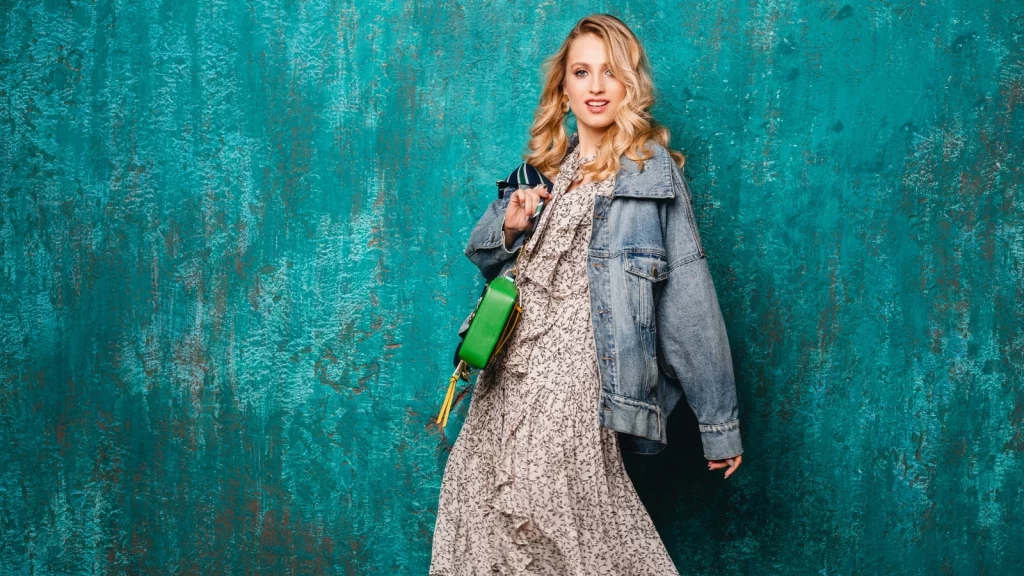 girl posing in denim blue jacket