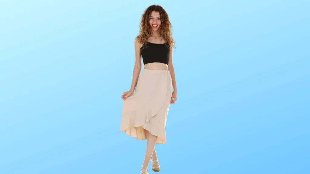 A girl wearing Tulip skirt in cream color