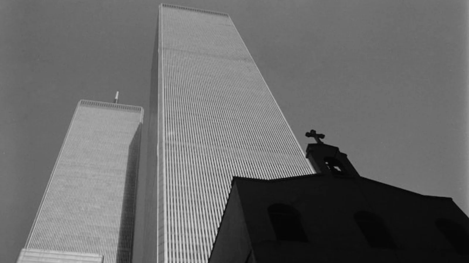 A black and white image of the Twin Towers.