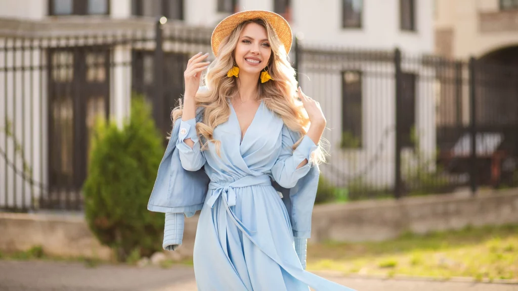 A girl wearing a blue color Wrap Dress