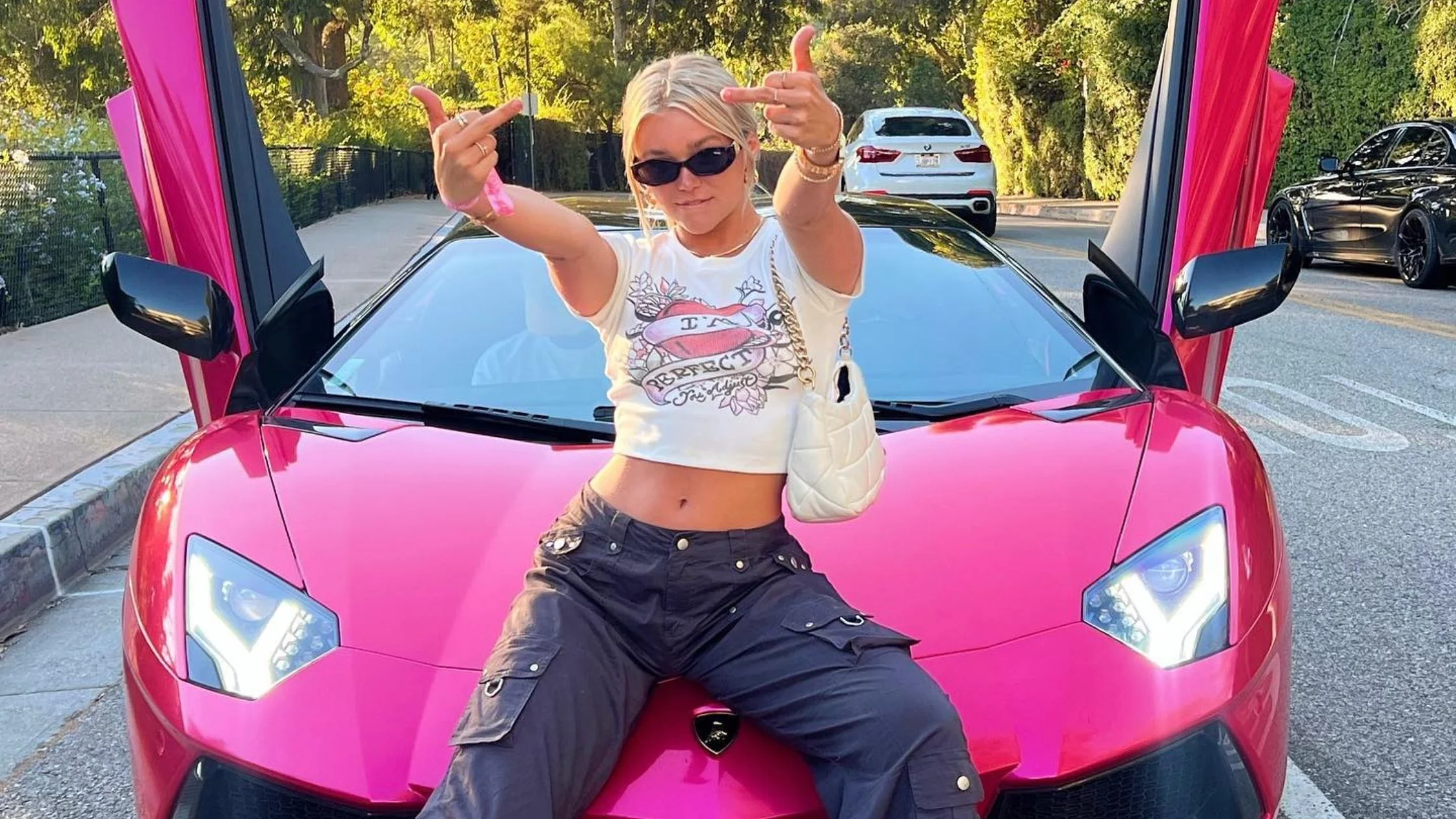 Katie posing in front of her pink Lamborghini car. 