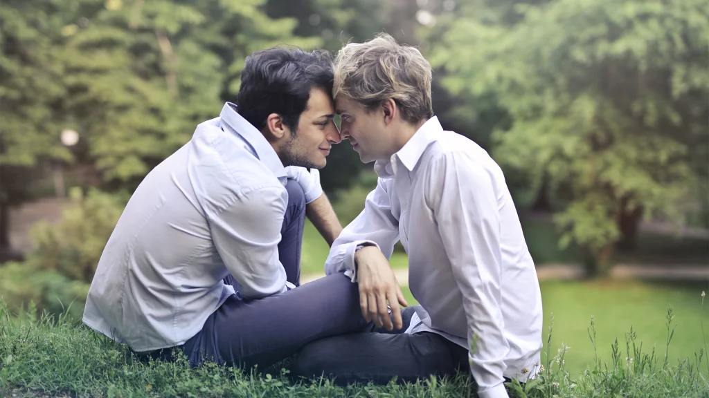 Gay couple sitting in a park