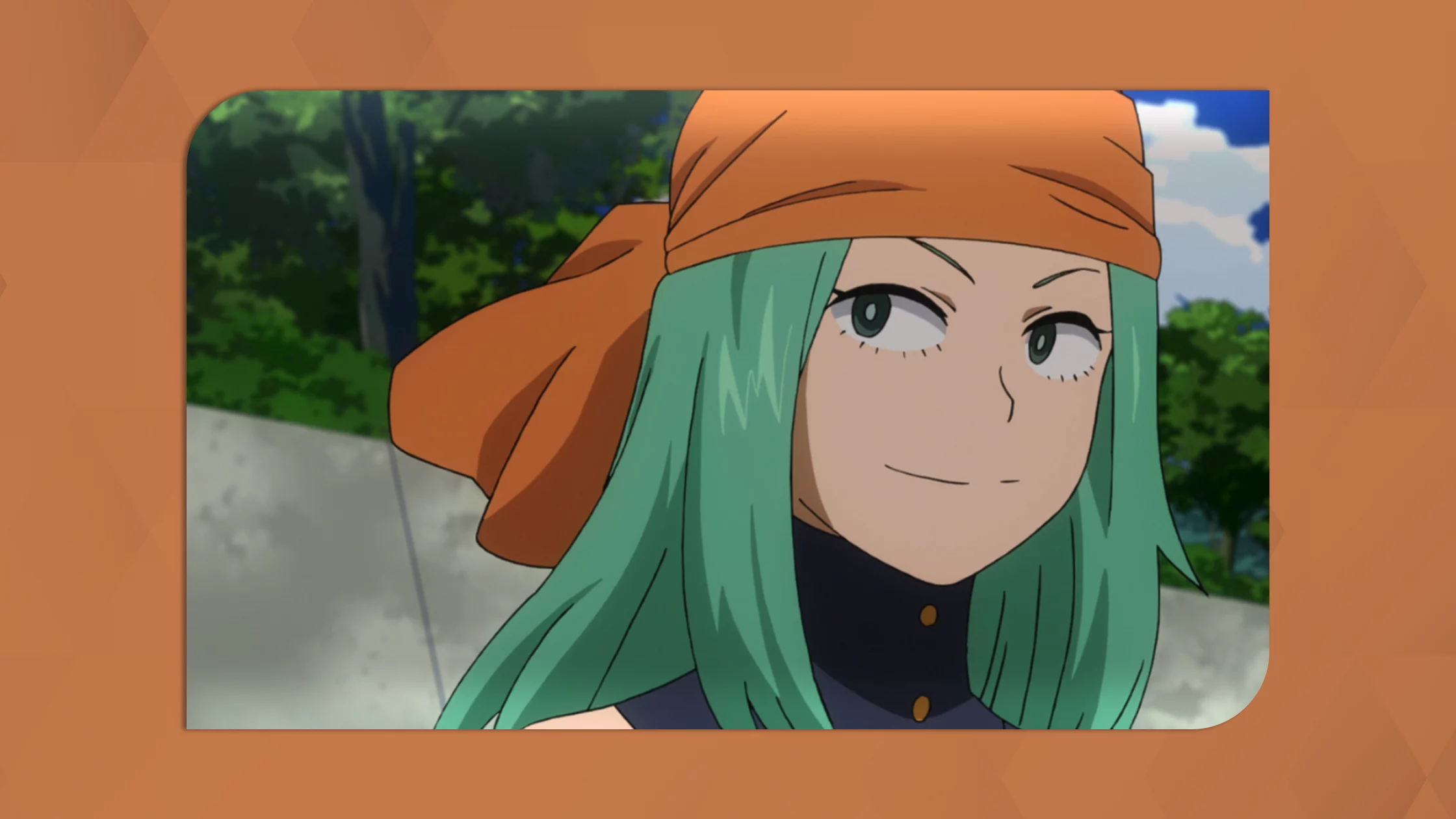 Emi with green hair wearing an orange head band. 