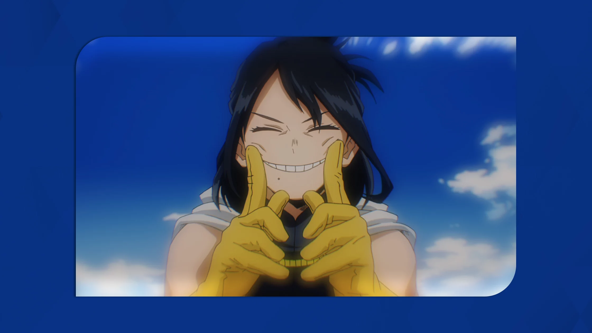 Nana Shimura grinning with her fingers stretching the sides of her mouth. 