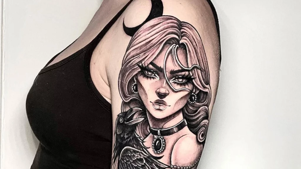 Gothic shoulder tattoo for women